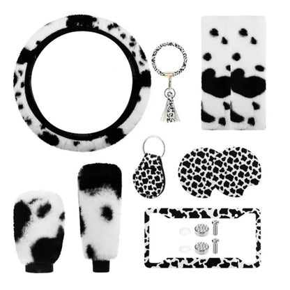10 PC Cow Print Car Accessories Set
