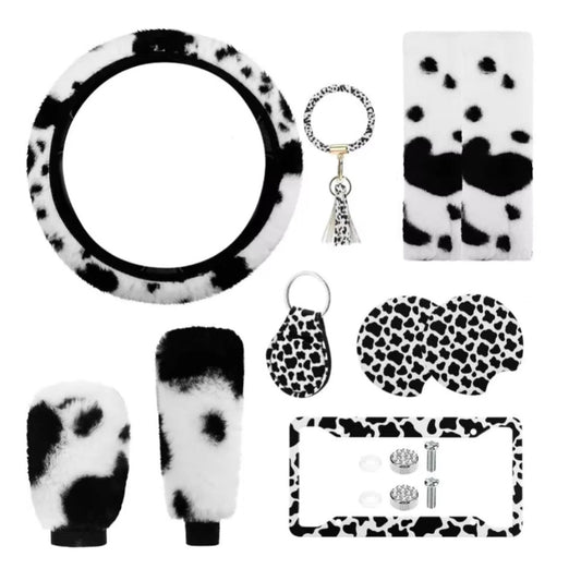 10 PC Cow Print Car Accessories Set