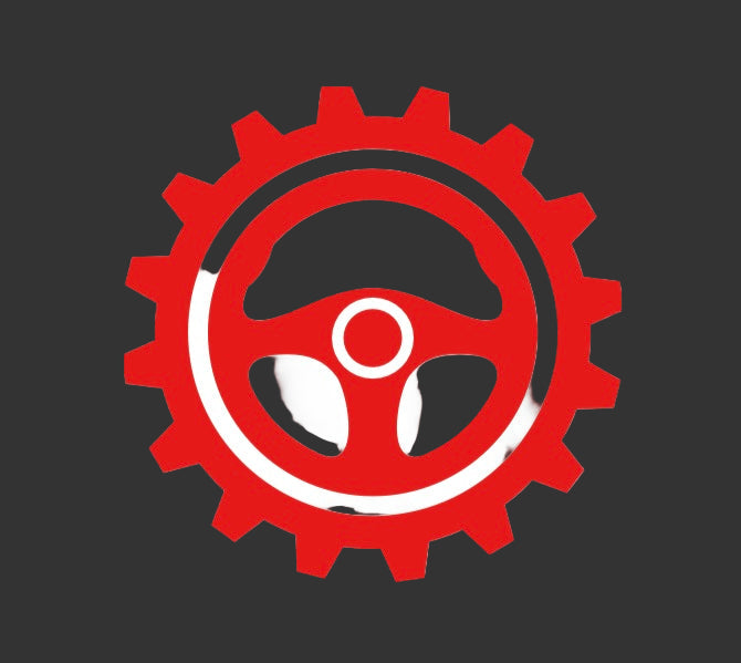Red gear with a white steering wheel inside on a white background