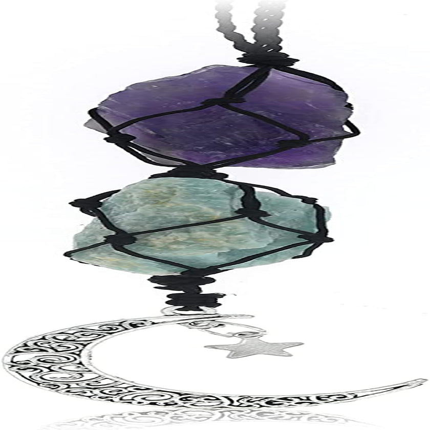 Hanging Car Charm - Amethyst & Amazonite - Dangling Moon & Healing Crystal Accessories, Rearview Mirror Decorations - Balance, Intuition, Spirituality, Self-Love, Honesty, Clarity, Energy