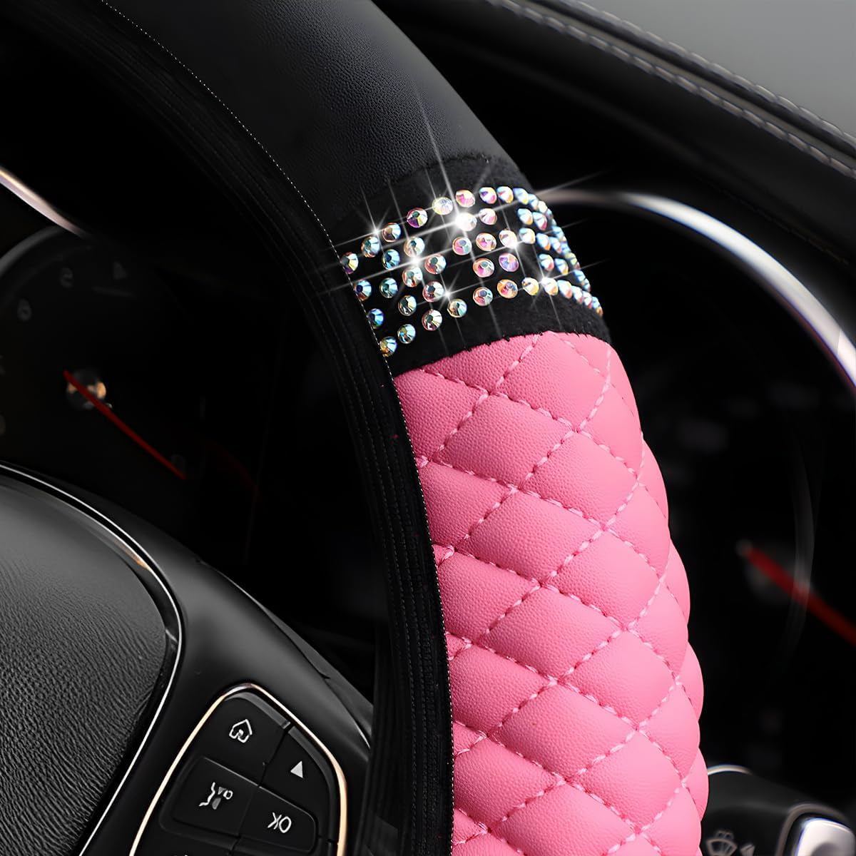 Bling Car Steering Wheel Cover, 15 Inch Rhinestones Soft Leather Elastic Steering Wheel Protector, Sparkly Crystal Diamond for Women Girls, Car Interior Accessories for Most Cars (Pink)