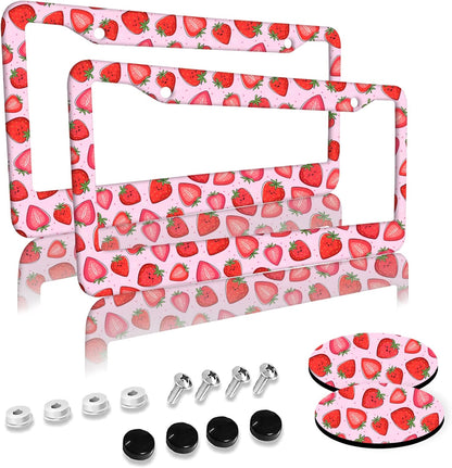 Cute Strawberry License Plate Frames 2 Pack 2 Holes Aluminum License Plate Cover with 2 Pcs Car Coasters and Screw and Black Screw Caps for Girl Women Men Gifts