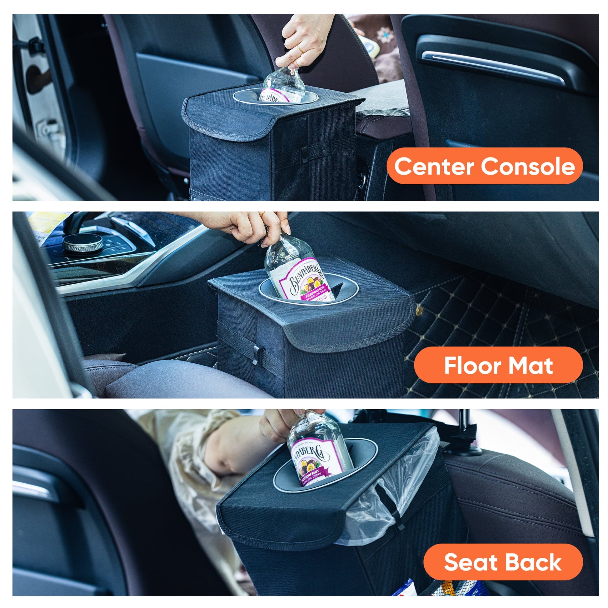 Car Trash Can with Lid, 3 Gallon/11.5L Leak-Proof Trash Bin Car Garbage Can with Mesh Pockets,Waterproof Collapsible Car Organizer Hanging for Back/Front Seat/Console