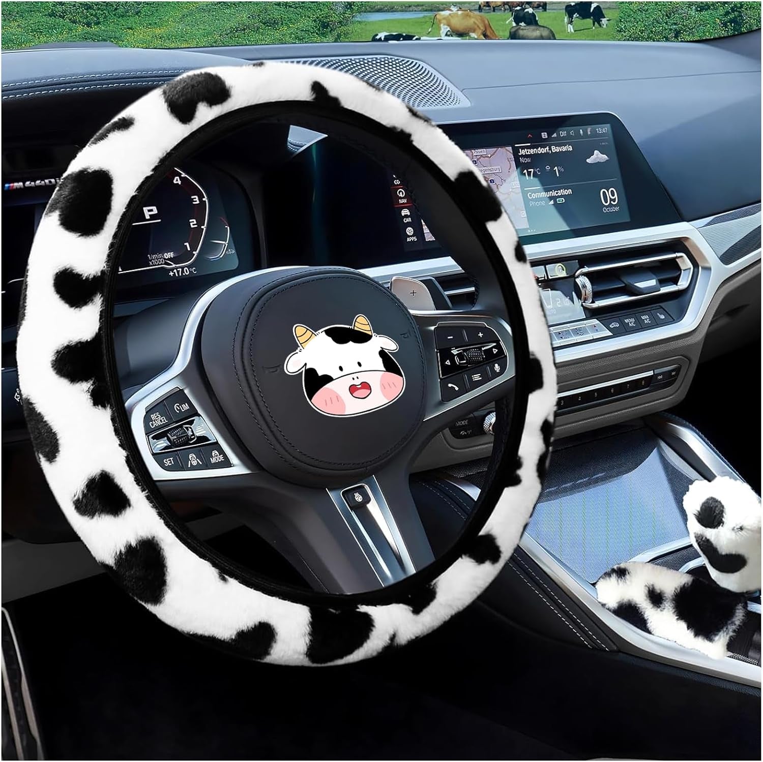 3PCS Furry Cow Print Steering Wheel Cover,Auto Plush Cute Cows Shift Gear & Hand Brake Covers Soft Warm Universal Car Interior Accessories for Women Men(Black)