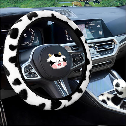 3PCS Furry Cow Print Steering Wheel Cover,Auto Plush Cute Cows Shift Gear & Hand Brake Covers Soft Warm Universal Car Interior Accessories for Women Men(Black)