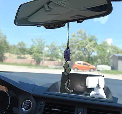 Hanging Car Charm - Amethyst & Amazonite - Dangling Moon & Healing Crystal Accessories, Rearview Mirror Decorations - Balance, Intuition, Spirituality, Self-Love, Honesty, Clarity, Energy