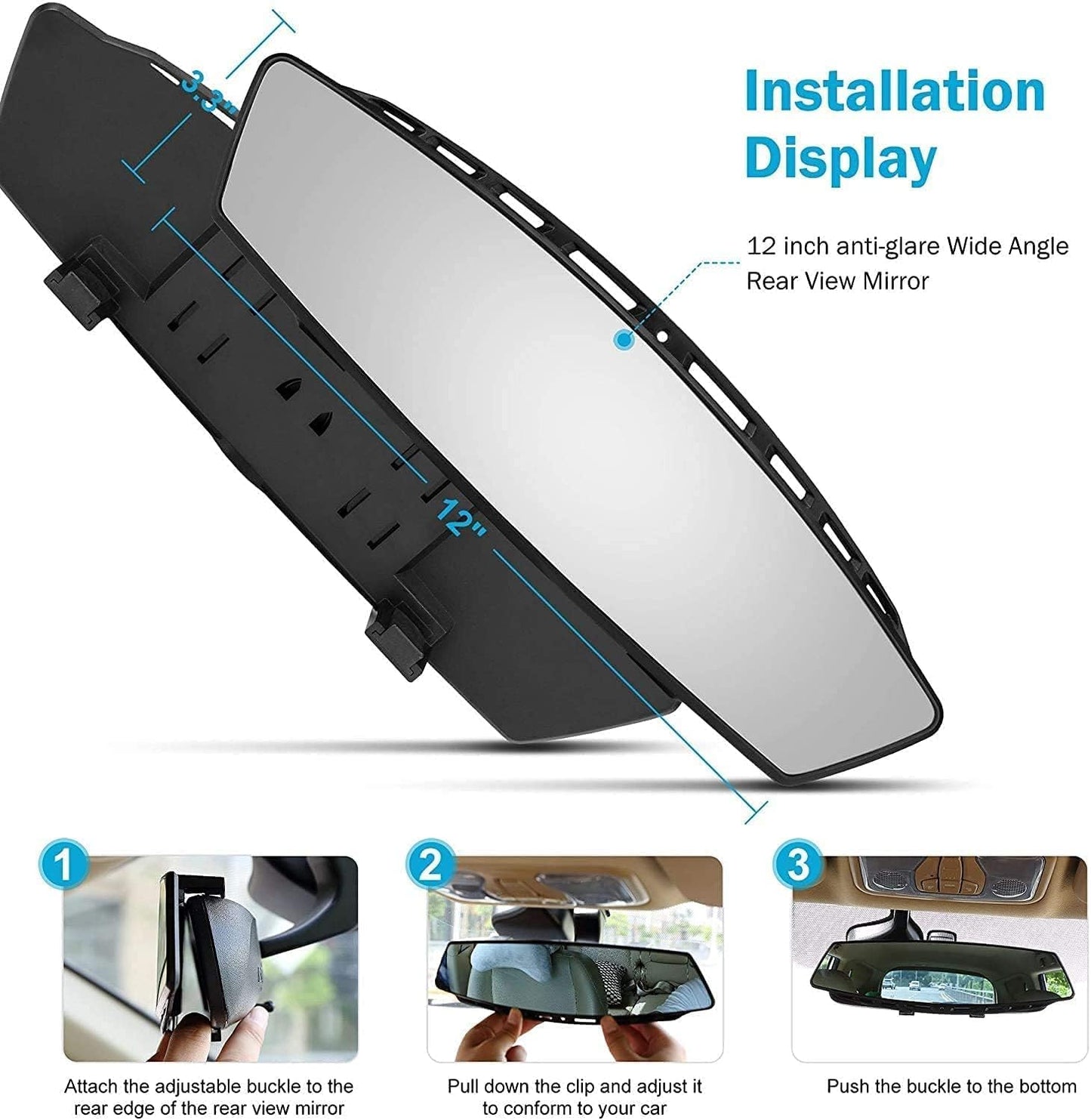 Verivue Universal Panoramic 12-Inch Rear View Mirror, Anti-Glare Wide Angle Car Mirror, Rearview Mirrors Accessory for Baby Rear-Facing, Tint Flat Mirrors for Cars and Suvs.