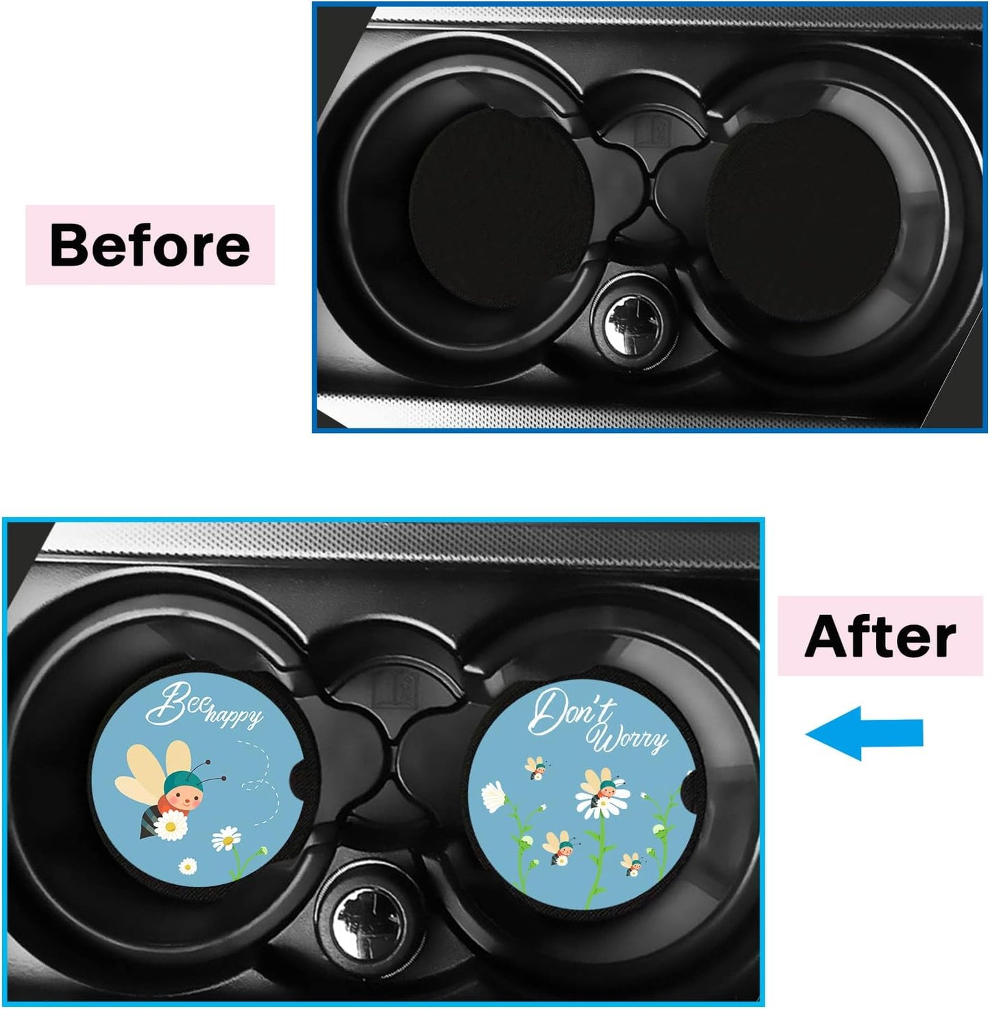 2.56" Ceramic Car Coasters - Adorable Bee Design: Don'T Worry, Bee Happy - Perfect Auto Cup Holders for Car, Absorbent, Durable