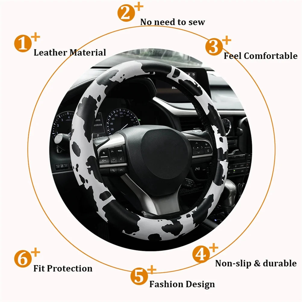 Cow Print Steering Wheel Cover and 2 Pack Seat Belt Shoulder Pad Non Slip Universal 14.5" to 15"