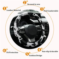 Cow Print Steering Wheel Cover and 2 Pack Seat Belt Shoulder Pad Non Slip Universal 14.5" to 15"