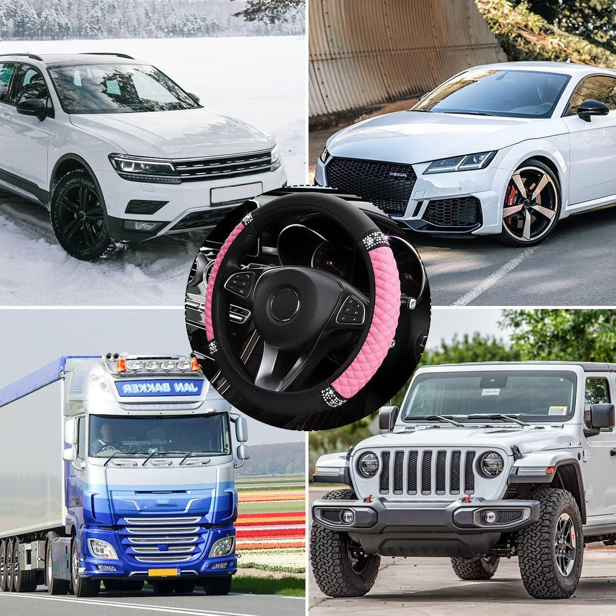 Bling Car Steering Wheel Cover, 15 Inch Rhinestones Soft Leather Elastic Steering Wheel Protector, Sparkly Crystal Diamond for Women Girls, Car Interior Accessories for Most Cars (Pink)