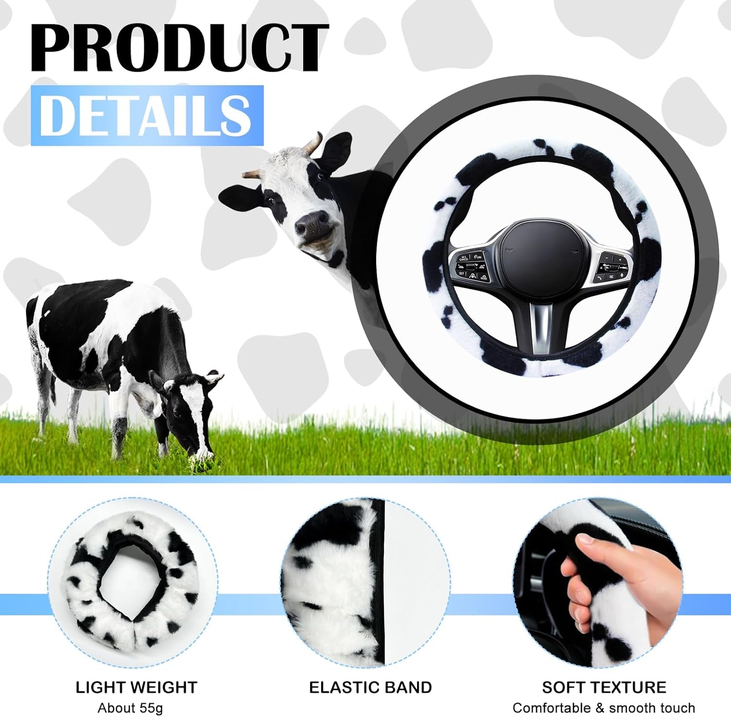 3PCS Furry Cow Print Steering Wheel Cover,Auto Plush Cute Cows Shift Gear & Hand Brake Covers Soft Warm Universal Car Interior Accessories for Women Men(Black)