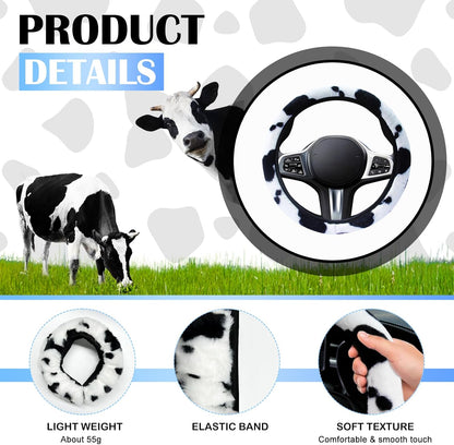 3PCS Furry Cow Print Steering Wheel Cover,Auto Plush Cute Cows Shift Gear & Hand Brake Covers Soft Warm Universal Car Interior Accessories for Women Men(Black)