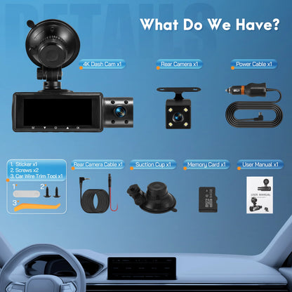 Dash Cam,3 Channel Dash Cam 4K+720P Dash Cam Front and inside Dash Camera with 64GB Card,Night Vision,G-Sensor,24Hr Parking,Triple Car Camera with IR Night Vision