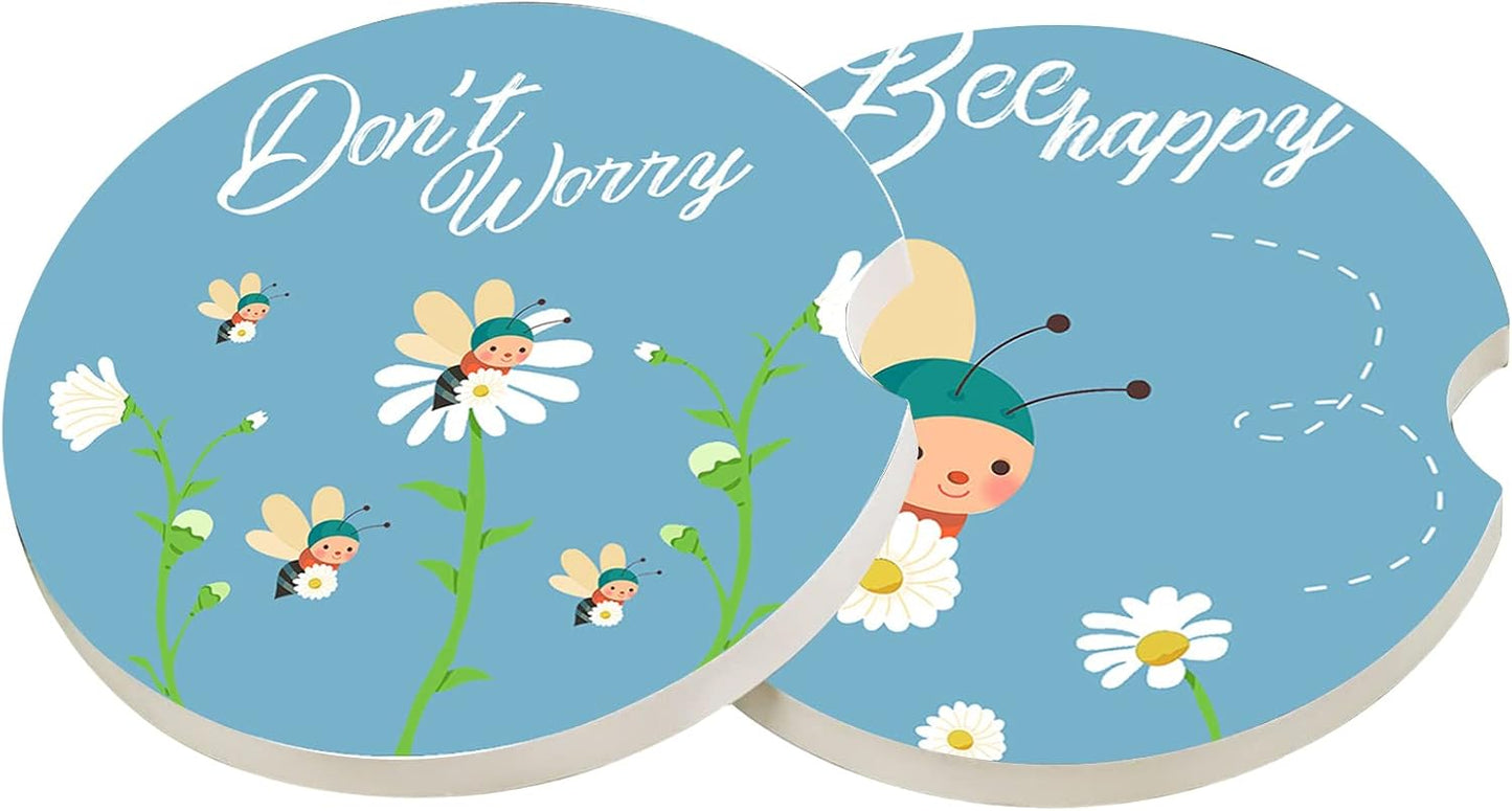 2.56" Ceramic Car Coasters - Adorable Bee Design: Don'T Worry, Bee Happy - Perfect Auto Cup Holders for Car, Absorbent, Durable