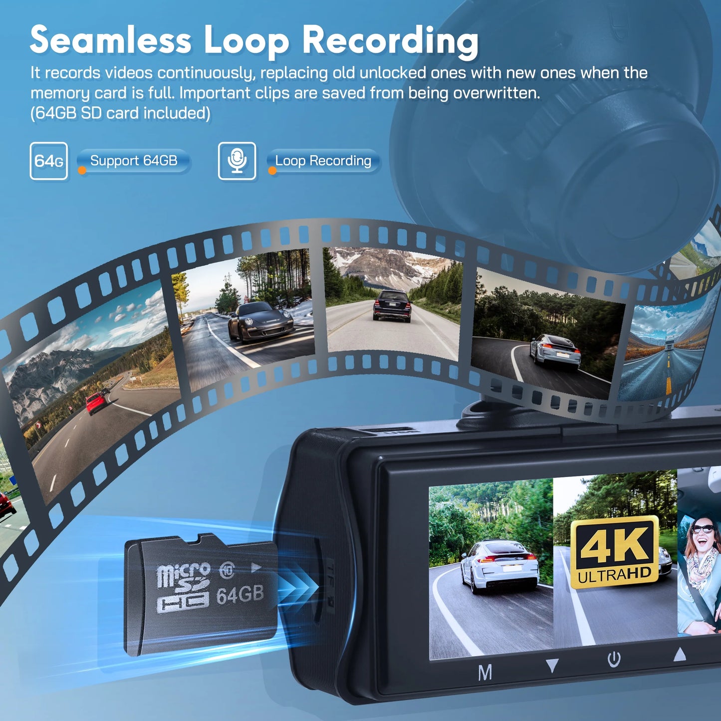 Dash Cam,3 Channel Dash Cam 4K+720P Dash Cam Front and inside Dash Camera with 64GB Card,Night Vision,G-Sensor,24Hr Parking,Triple Car Camera with IR Night Vision