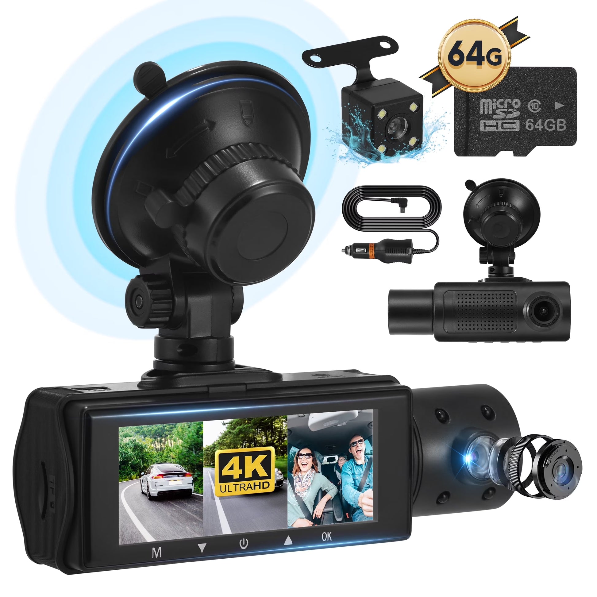 Dash Cam,3 Channel Dash Cam 4K+720P Dash Cam Front and inside Dash Camera with 64GB Card,Night Vision,G-Sensor,24Hr Parking,Triple Car Camera with IR Night Vision