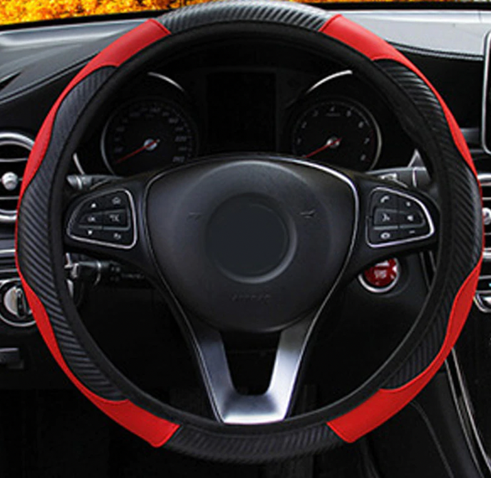 Car Steering Wheel Cover Red Black Leather Anti-Slip for 15