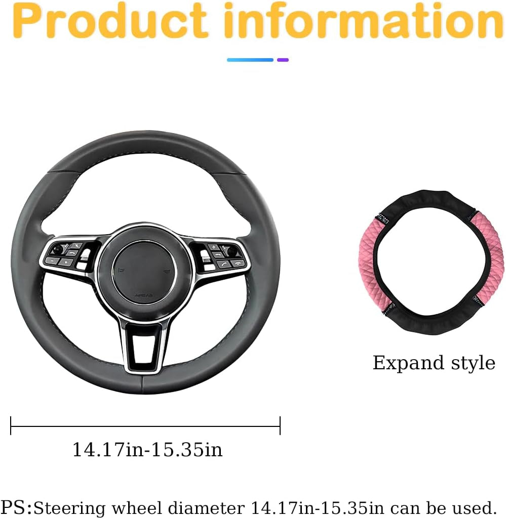 Bling Car Steering Wheel Cover, 15 Inch Rhinestones Soft Leather Elastic Steering Wheel Protector, Sparkly Crystal Diamond for Women Girls, Car Interior Accessories for Most Cars (Pink)