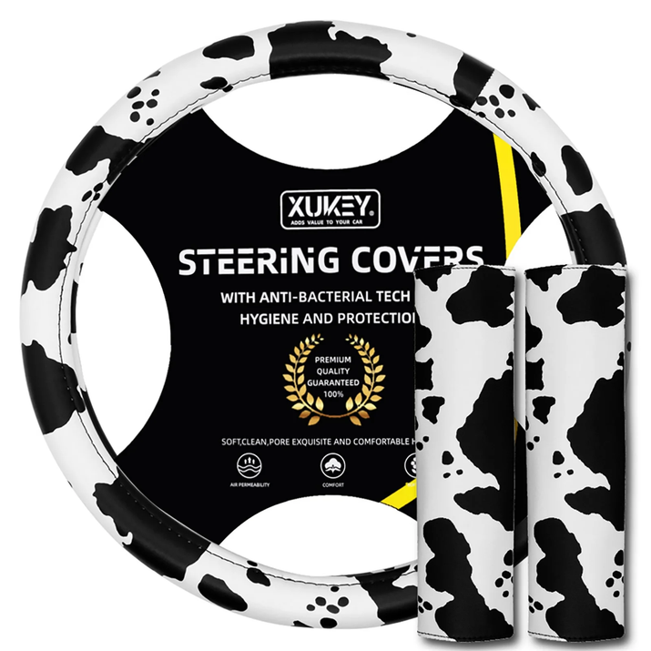 Cow Print Steering Wheel Cover and 2 Pack Seat Belt Shoulder Pad Non Slip Universal 14.5