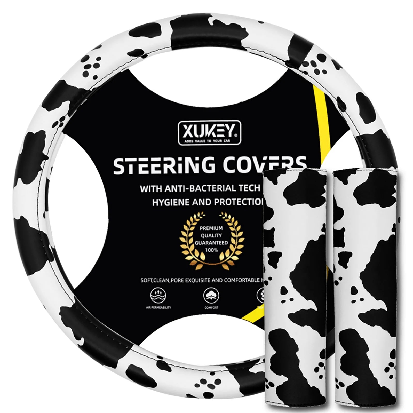 Cow Print Steering Wheel Cover and 2 Pack Seat Belt Shoulder Pad Non Slip Universal 14.5" to 15"