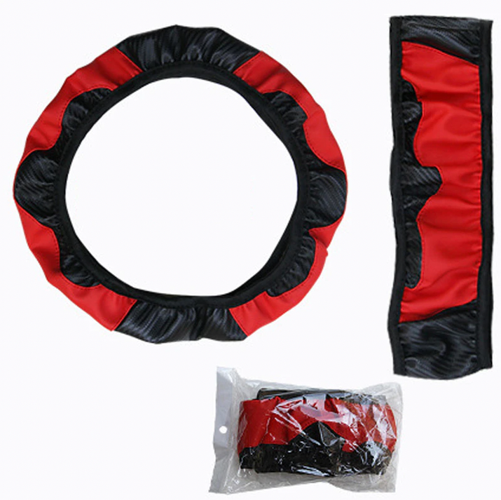Car Steering Wheel Cover Red Black Leather Anti-Slip for 15