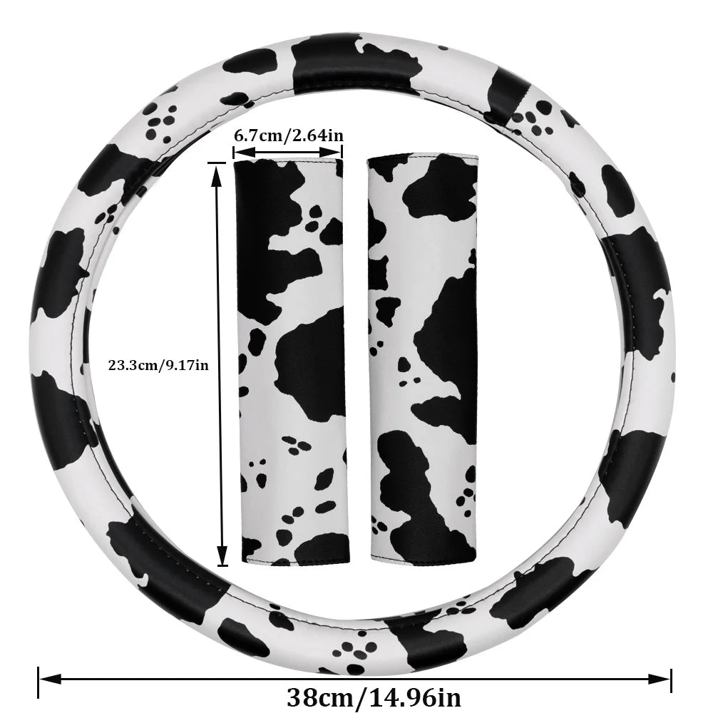 Cow Print Steering Wheel Cover and 2 Pack Seat Belt Shoulder Pad Non Slip Universal 14.5" to 15"