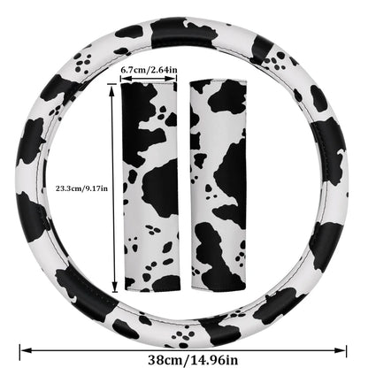 Cow Print Steering Wheel Cover and 2 Pack Seat Belt Shoulder Pad Non Slip Universal 14.5" to 15"