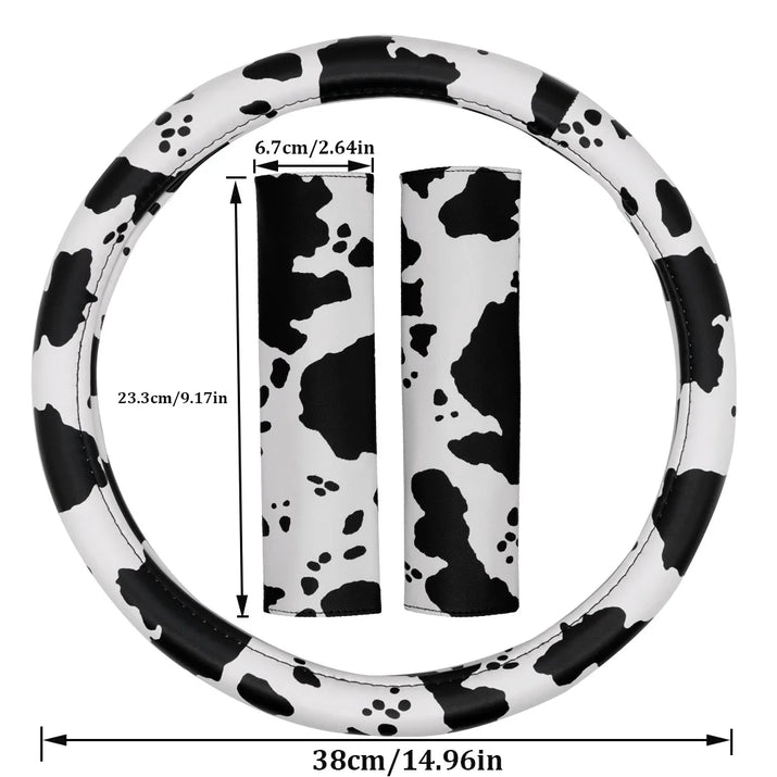 Cow Print Steering Wheel Cover and 2 Pack Seat Belt Shoulder Pad Non Slip Universal 14.5" to 15"