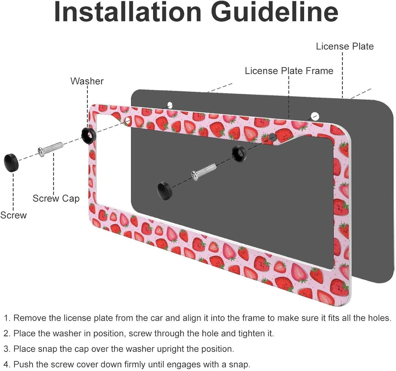 Cute Strawberry License Plate Frames 2 Pack 2 Holes Aluminum License Plate Cover with 2 Pcs Car Coasters and Screw and Black Screw Caps for Girl Women Men Gifts