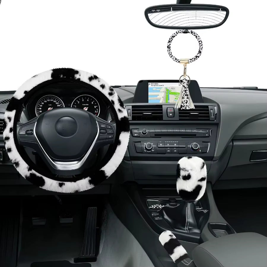 10 Pieces Cow Print Car Accessories Set Cow Fluffy Plush Steering Wheel Cover Shift Cover Handbrake Pad Cup Seat Belt Pad Brace