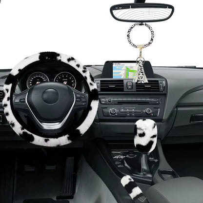 10 Pieces Cow Print Car Accessories Set Cow Fluffy Plush Steering Wheel Cover Shift Cover Handbrake Pad Cup Seat Belt Pad Brace