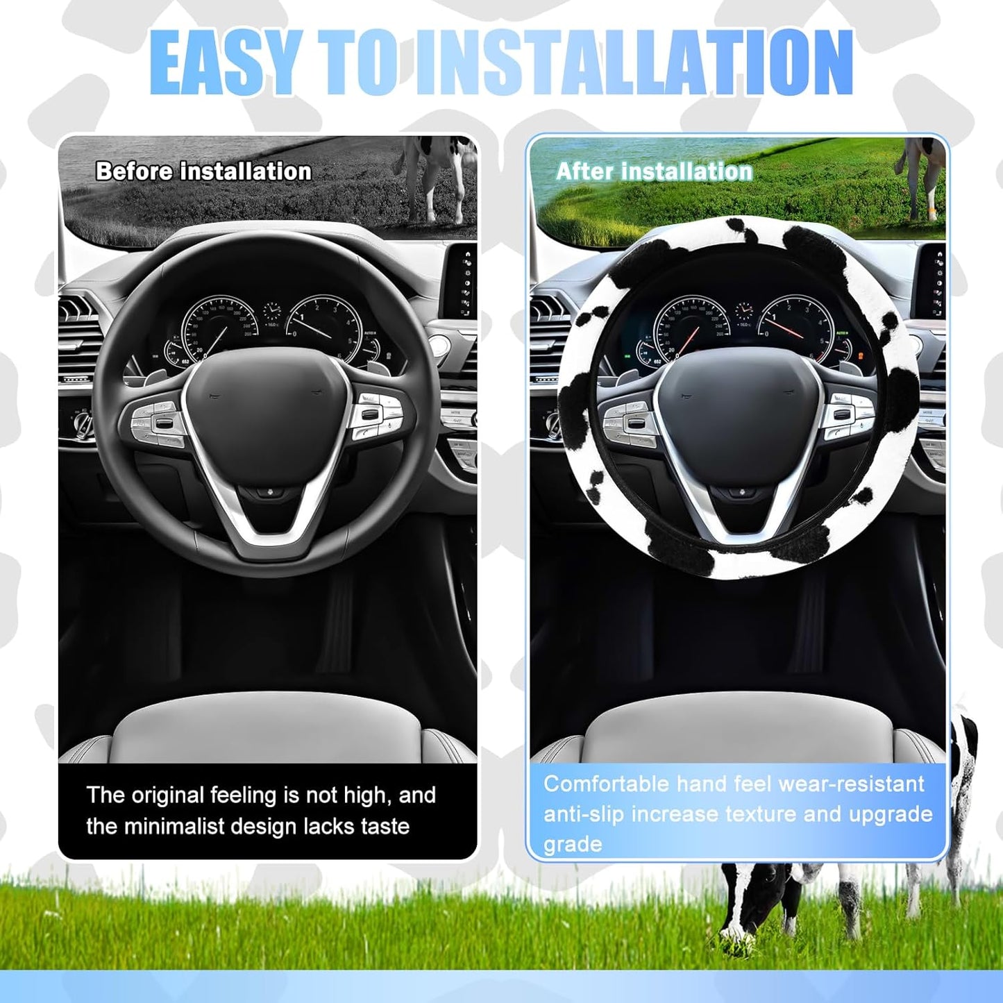 3PCS Furry Cow Print Steering Wheel Cover,Auto Plush Cute Cows Shift Gear & Hand Brake Covers Soft Warm Universal Car Interior Accessories for Women Men(Black)