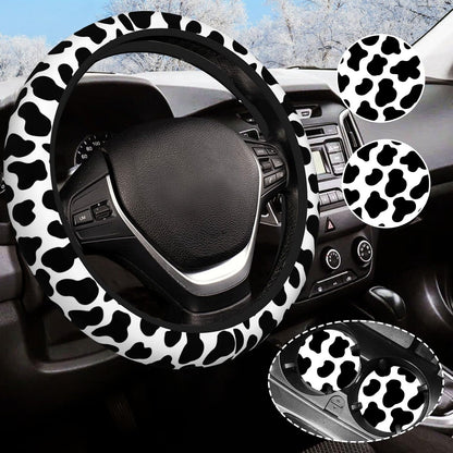 Black and White Cow Print Steering Wheel Cover Anti-Slip and Practical 14.5-15 Inch Universal Car Steering Wheel Cover with 2 Pieces Car Coasters Suitable for Men Women