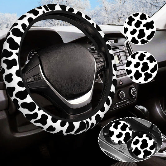 Black and White Cow Print Steering Wheel Cover Anti-Slip and Practical 14.5-15 Inch Universal Car Steering Wheel Cover with 2 Pieces Car Coasters Suitable for Men Women