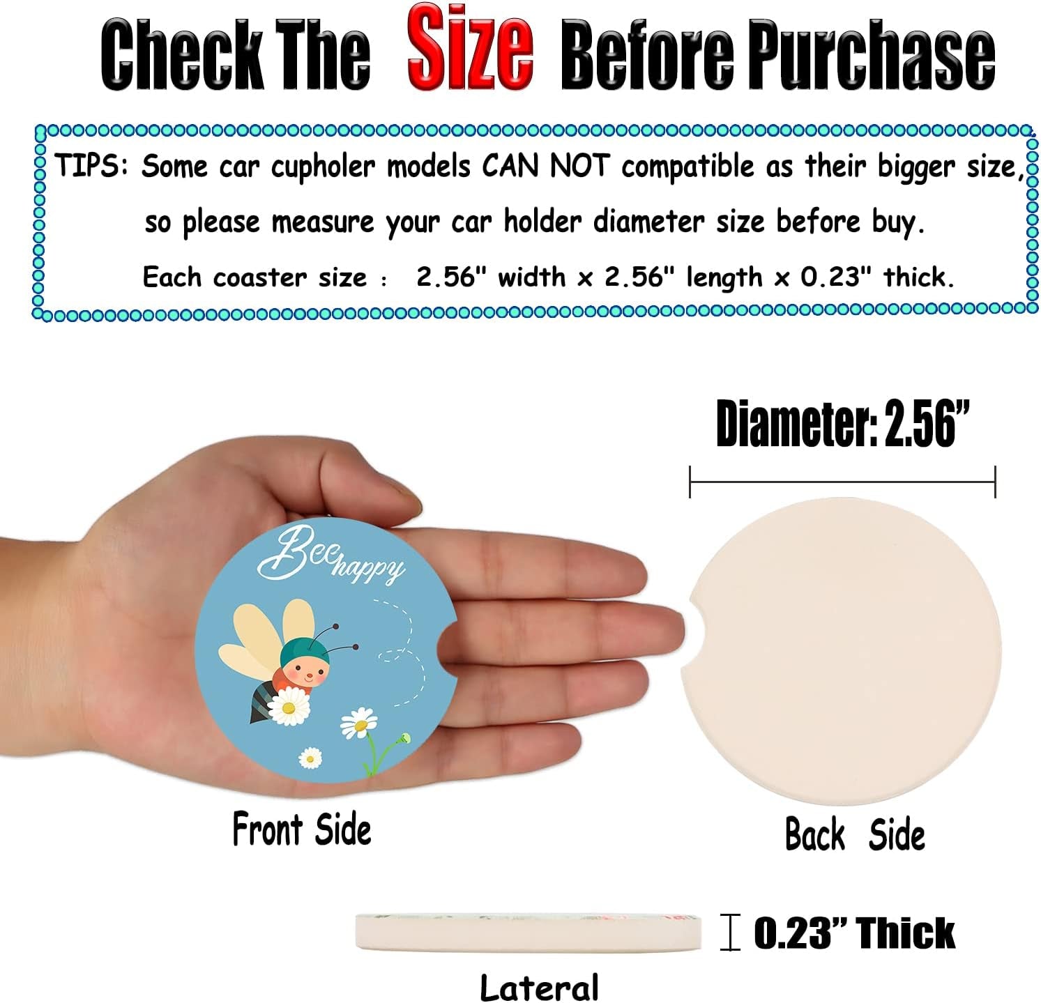 2.56" Ceramic Car Coasters - Adorable Bee Design: Don'T Worry, Bee Happy - Perfect Auto Cup Holders for Car, Absorbent, Durable