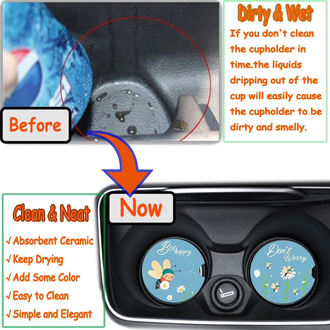 2.56" Ceramic Car Coasters - Adorable Bee Design: Don'T Worry, Bee Happy - Perfect Auto Cup Holders for Car, Absorbent, Durable