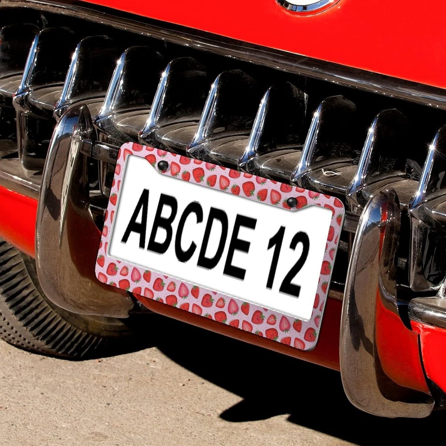 Cute Strawberry License Plate Frames 2 Pack 2 Holes Aluminum License Plate Cover with 2 Pcs Car Coasters and Screw and Black Screw Caps for Girl Women Men Gifts