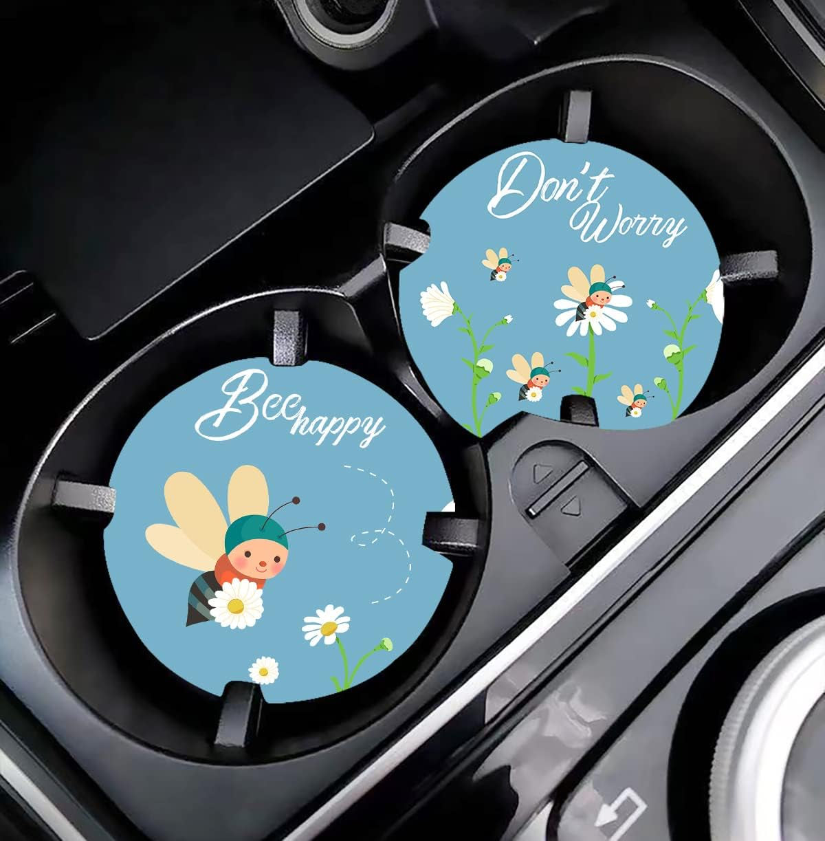 2.56" Ceramic Car Coasters - Adorable Bee Design: Don'T Worry, Bee Happy - Perfect Auto Cup Holders for Car, Absorbent, Durable