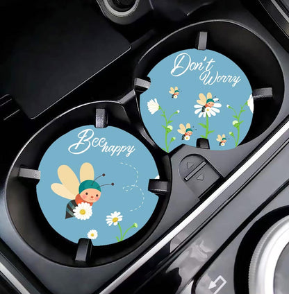 2.56" Ceramic Car Coasters - Adorable Bee Design: Don'T Worry, Bee Happy - Perfect Auto Cup Holders for Car, Absorbent, Durable