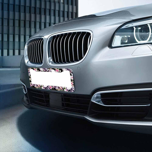 Decorative License Plate Frame Sugar Skull and Flower Car Tag Frame Aluminum Auto License Plate Holder for Men Women